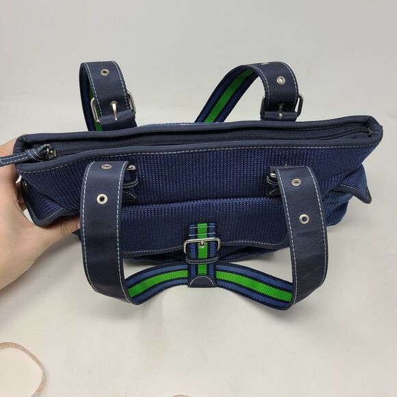 The Sak Navy Blue woven green & blue ribbon handle crochet satchel shoulder bag - Picture 5 of 12